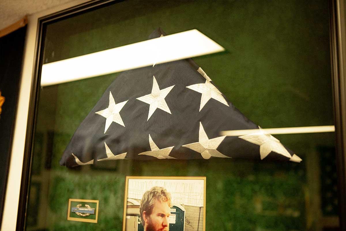 Folded American flag in a shadow box