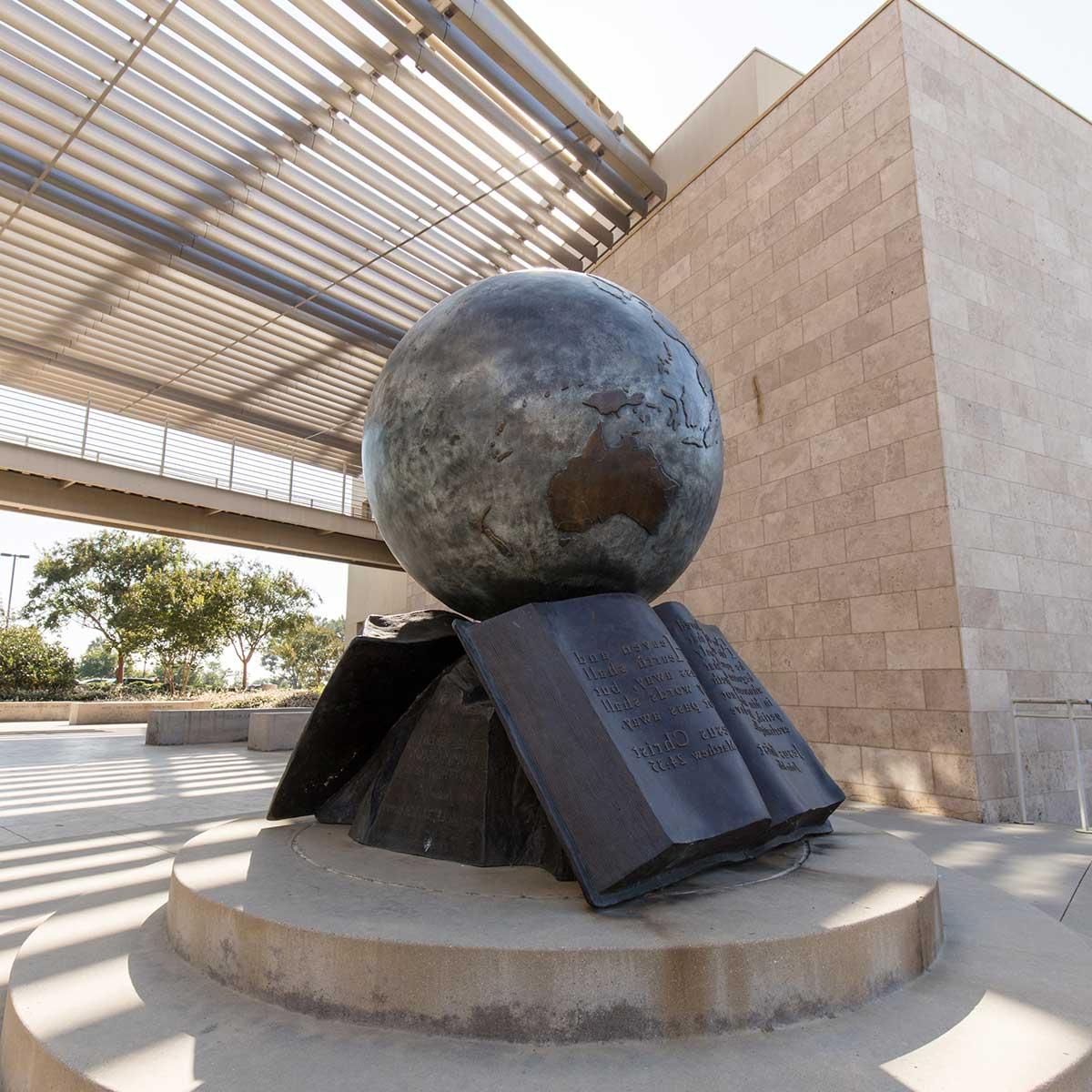 The globe in front of the Grimm Hall building